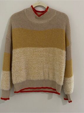 Very J Sweater Beige, Mustard & Orange Trim Colorblock Turtleneck Sweater